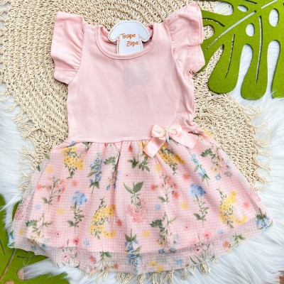  Vestido Manga Curta com Tule Floral e Laço - Pêssego 
